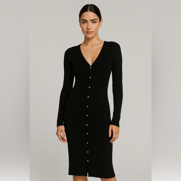 525 America Black Ribbed Button-Down Midi Dress | Size Large NWT - Picture 1 of 13